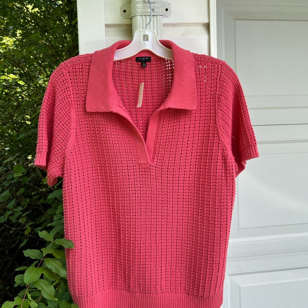 NWT Talbots Pretty Persimmon Orange Collared Polo Style Short Sleeve Sweater